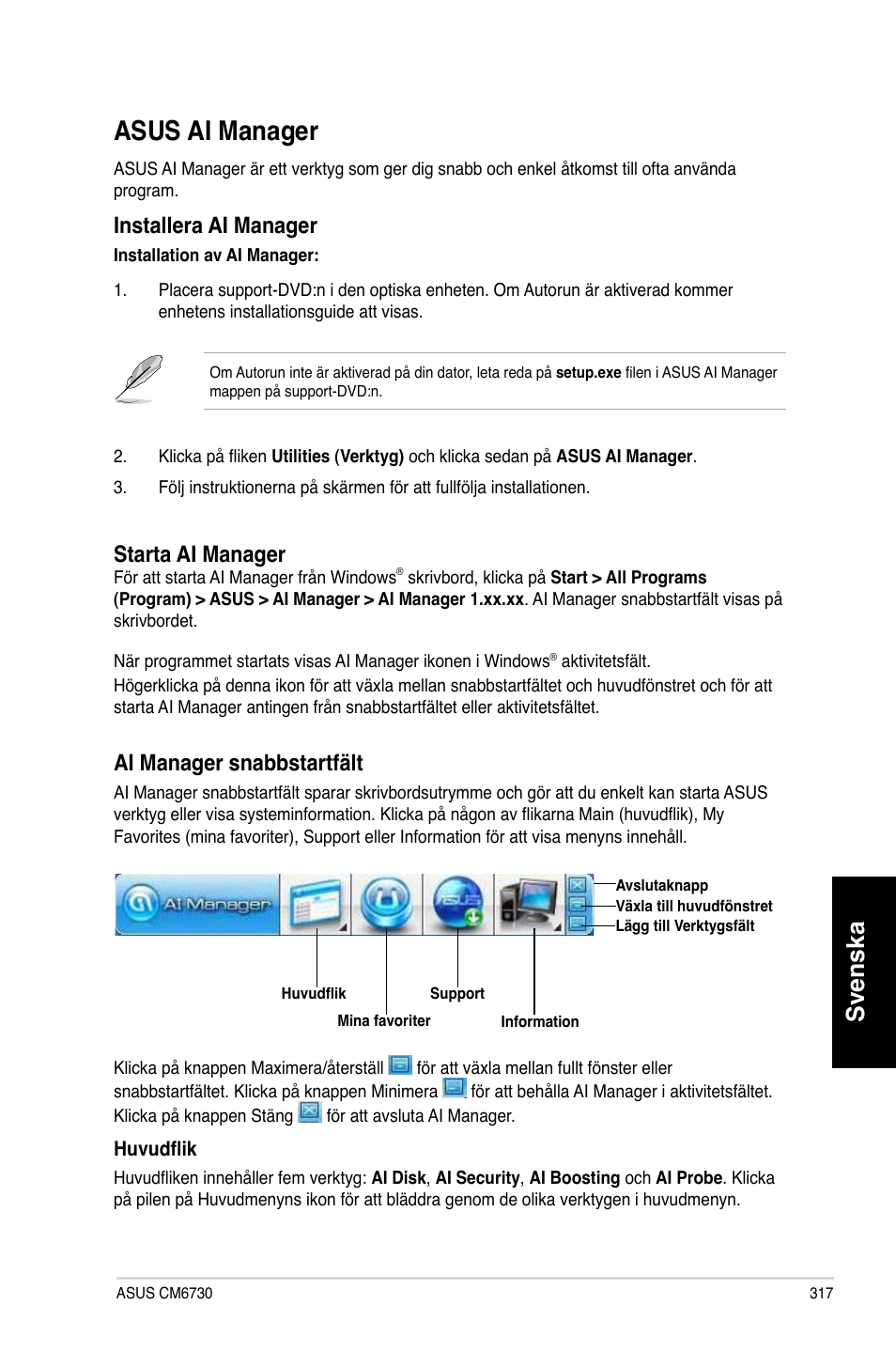 Asus ai manager, Svenska, Installera ai manager | Starta ai manager, Ai manager snabbstartfält | Asus CM6730 User Manual | Page 317 / 330