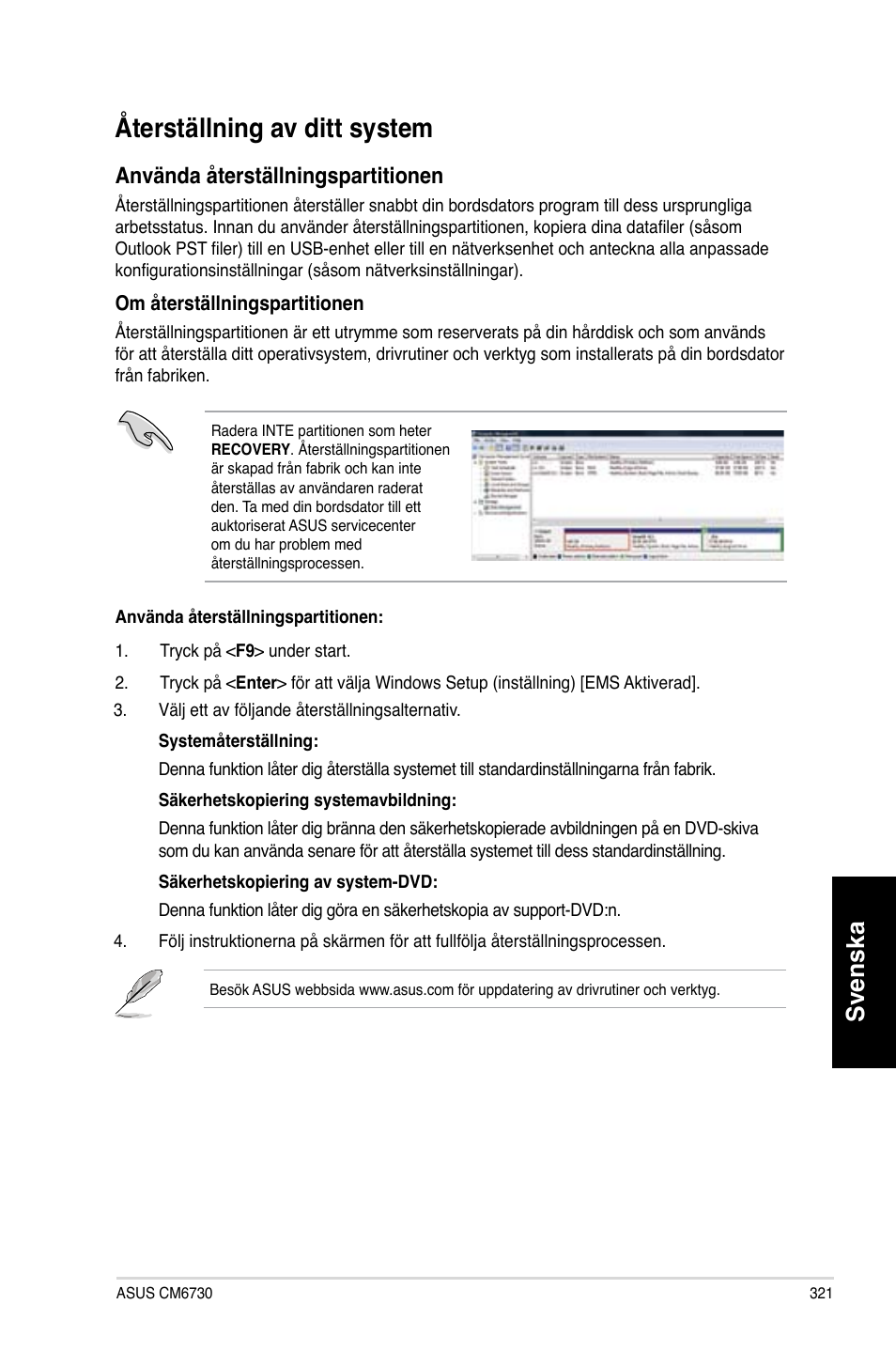 Återställning av ditt system, Svenska, Använda återställningspartitionen | Asus CM6730 User Manual | Page 321 / 330