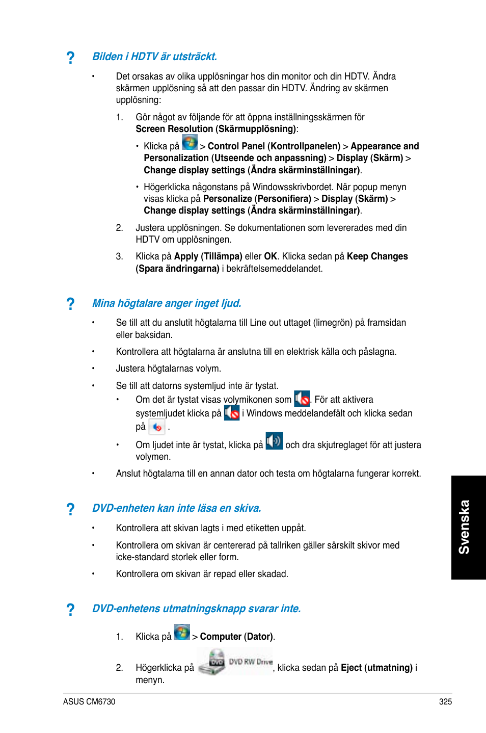 Svenska | Asus CM6730 User Manual | Page 325 / 330
