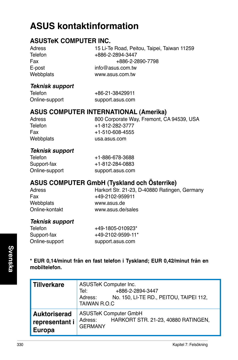 Asus kontaktinformation, Svenska, Asustek computer inc | Asus computer international �amerika, Asus computer gmbh �tyskland och österrike, Tillverkare, Auktoriserad representant i europa | Asus CM6730 User Manual | Page 330 / 330