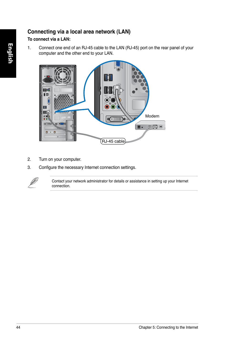 English, Connecting via a local area network �lan | Asus CM6730 User Manual | Page 44 / 330