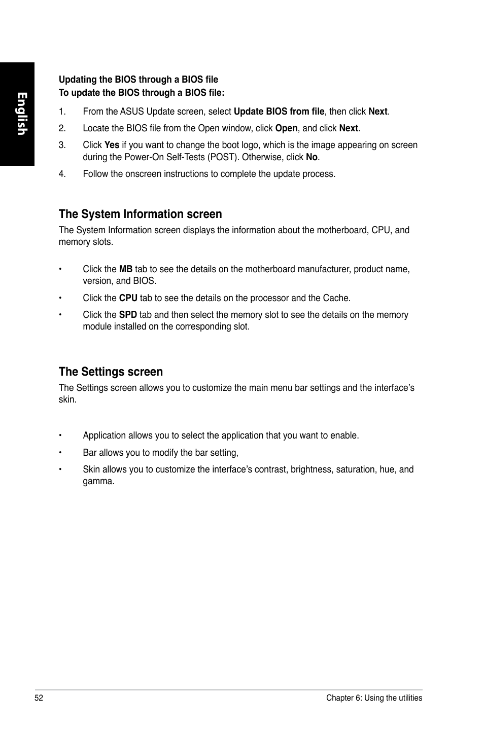 English, The system information screen, The settings screen | Asus CM6730 User Manual | Page 52 / 330