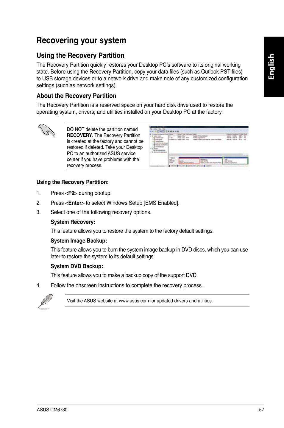 Recovering your system, English, Using the recovery partition | Asus CM6730 User Manual | Page 57 / 330