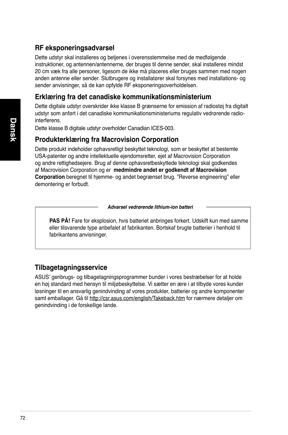 Dansk, Tilbagetagningsservice, Rf eksponeringsadvarsel | Produkterklæring fra macrovision corporation | Asus CM6730 User Manual | Page 72 / 330