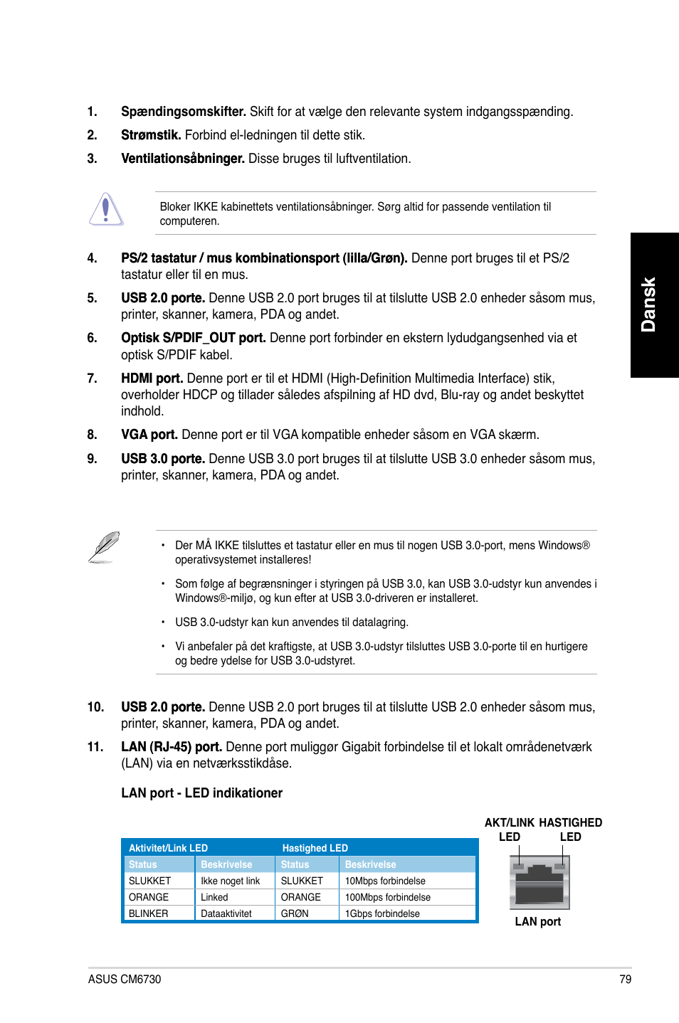 Dansk | Asus CM6730 User Manual | Page 79 / 330