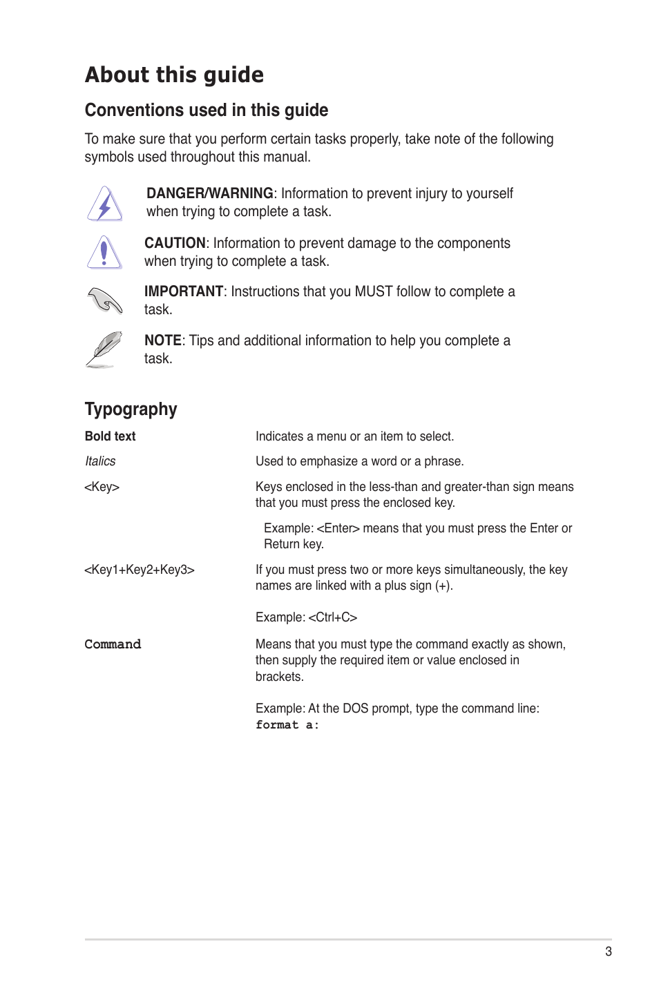 About this guide, Typography, Conventions used in this guide | Asus U3S6 User Manual | Page 3 / 8