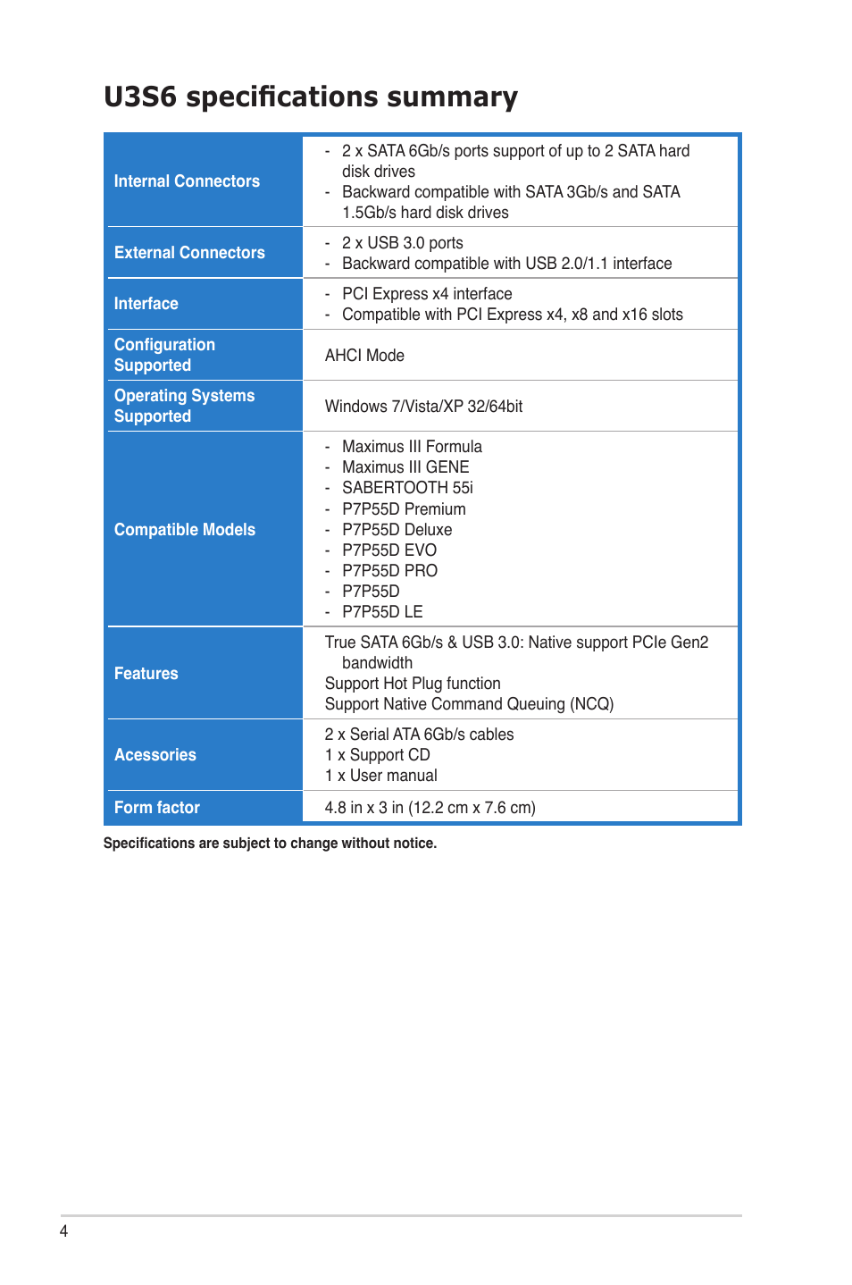 U3s6 specifications summary | Asus U3S6 User Manual | Page 4 / 8