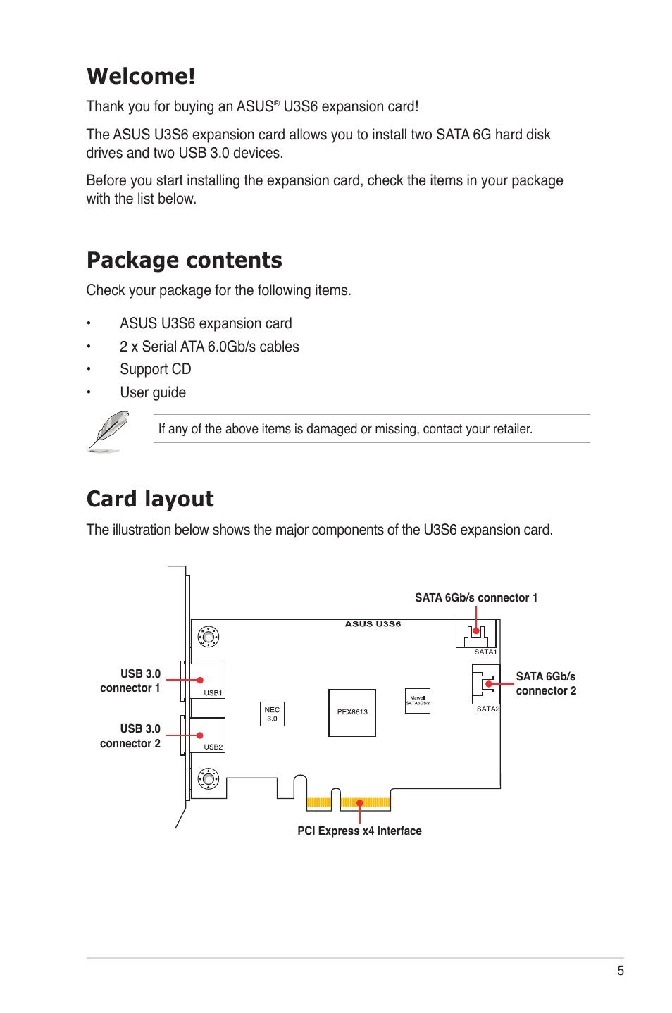 Welcome, Package contents, Card layout | Asus U3S6 User Manual | Page 5 / 8