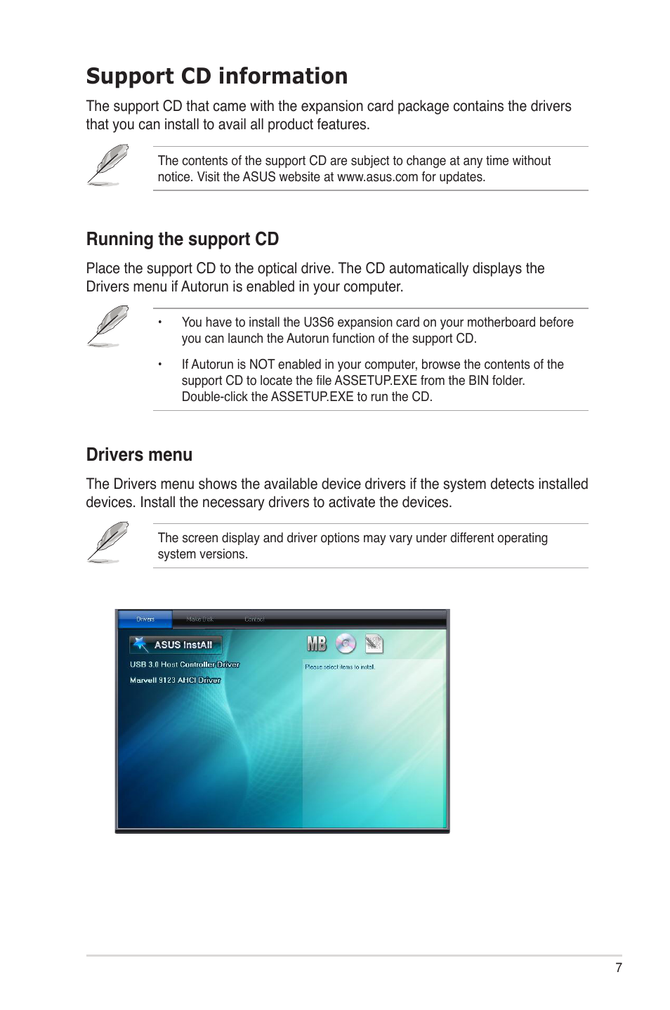 Support cd information, Running the support cd, Drivers menu | Asus U3S6 User Manual | Page 7 / 8