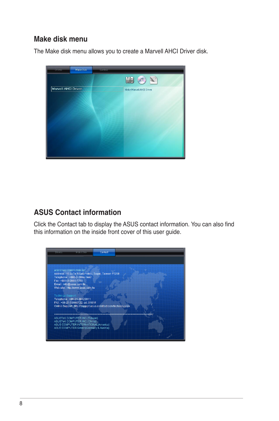 Make disk menu, Asus contact information | Asus U3S6 User Manual | Page 8 / 8