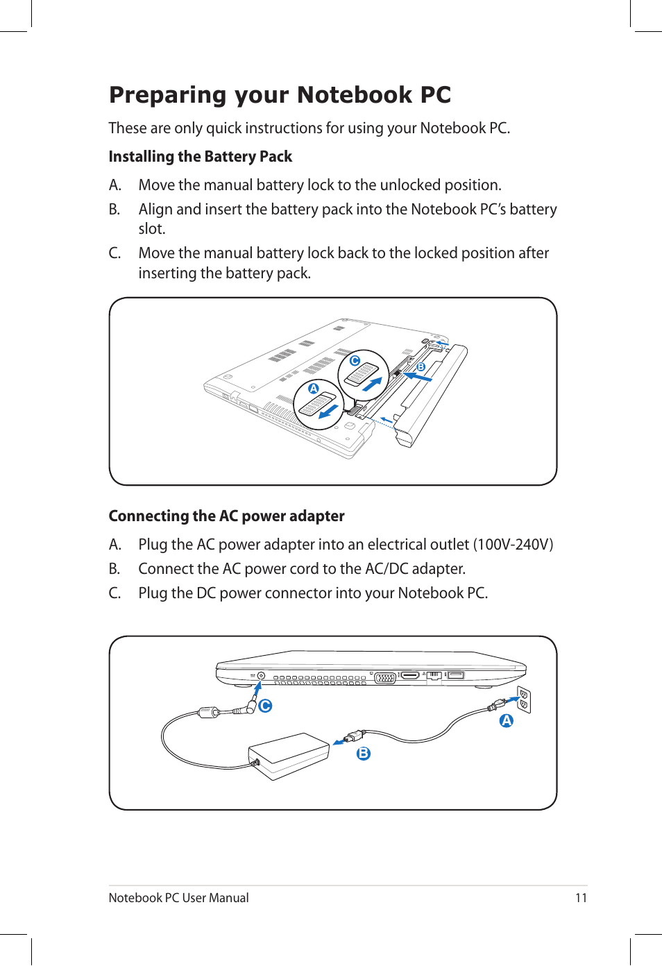 Preparing your notebook pc | Asus U58CM User Manual | Page 11 / 119