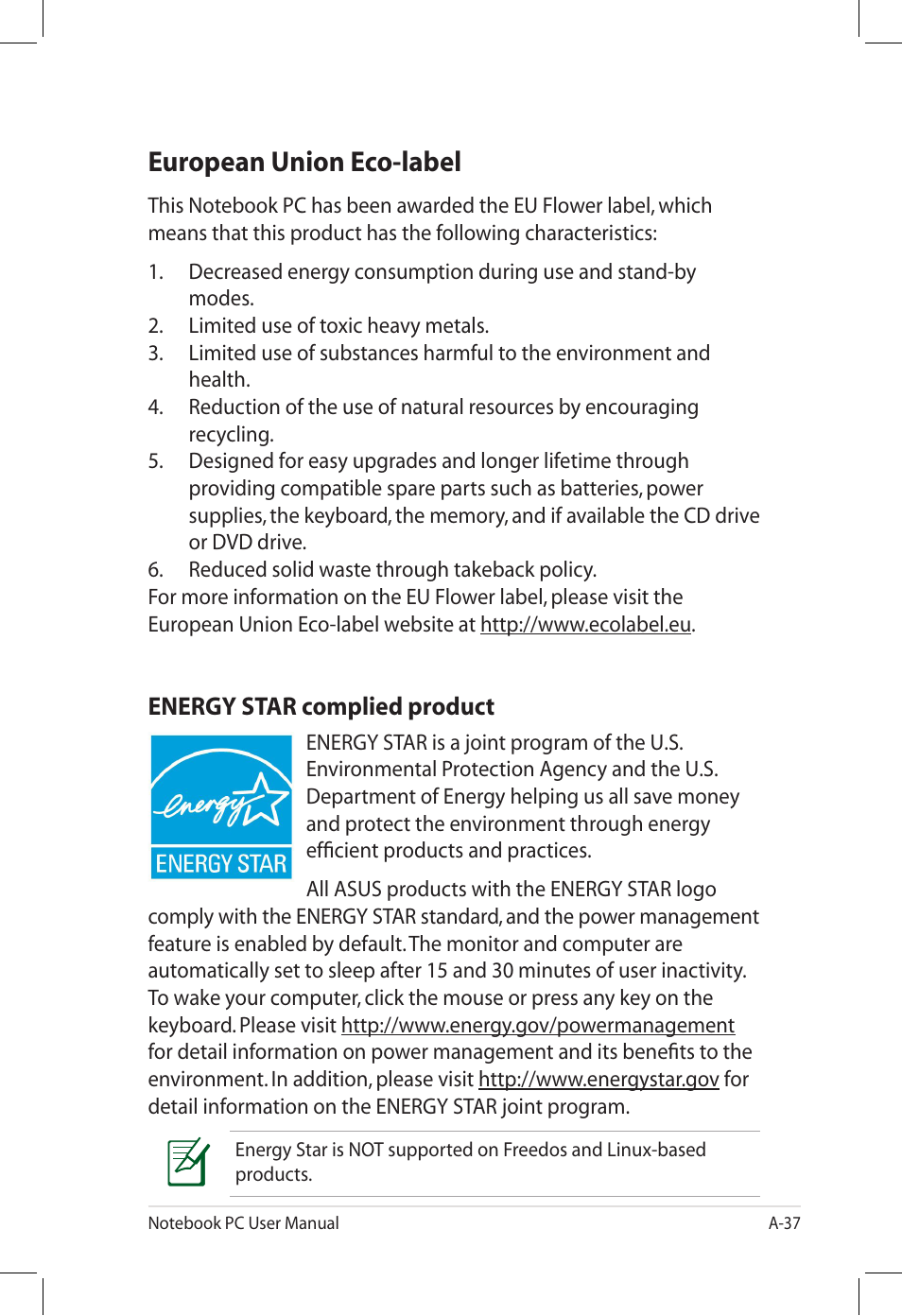 European union eco-label, Energy star complied product | Asus U58CM User Manual | Page 115 / 119