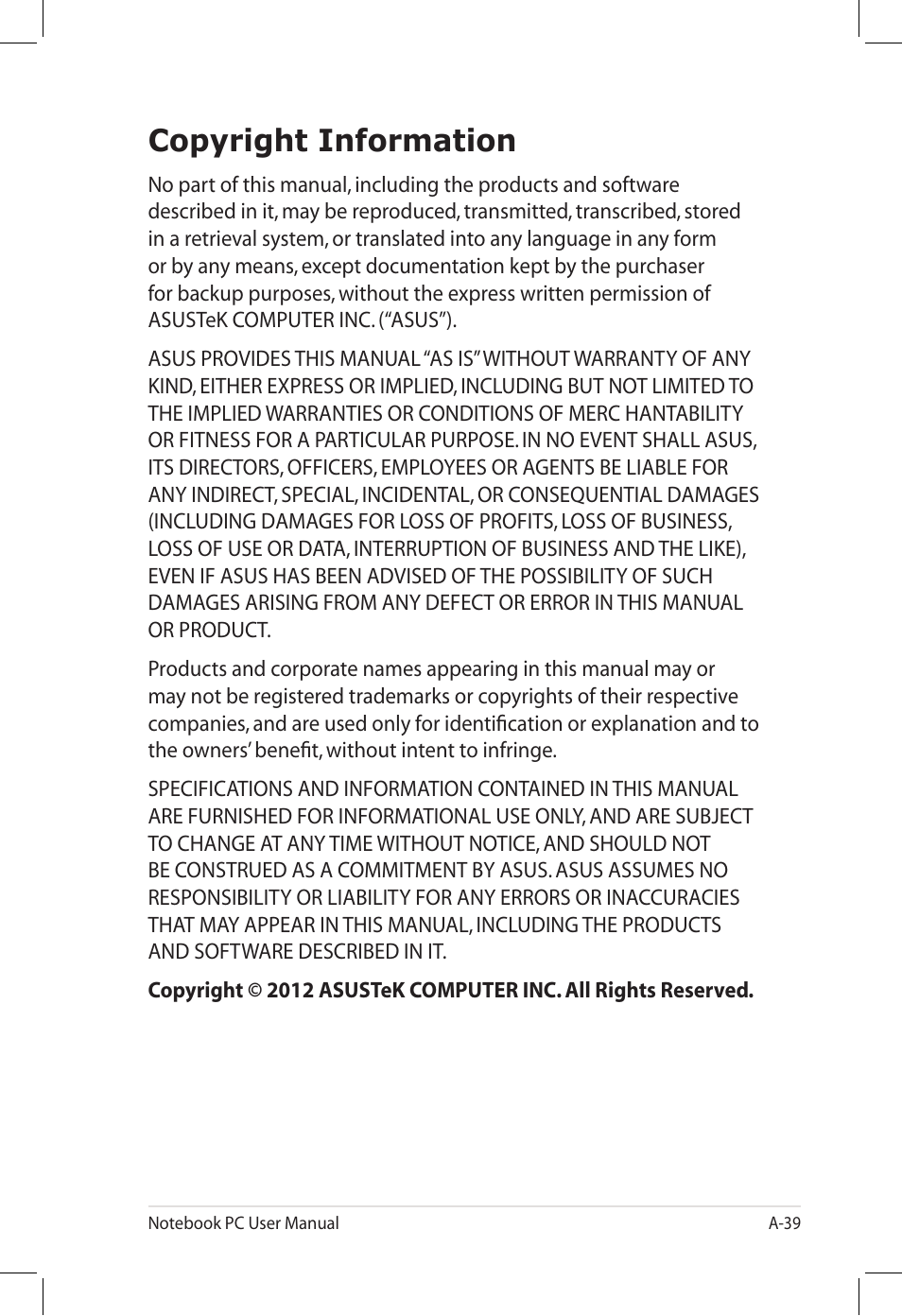 Copyright information | Asus U58CM User Manual | Page 117 / 119