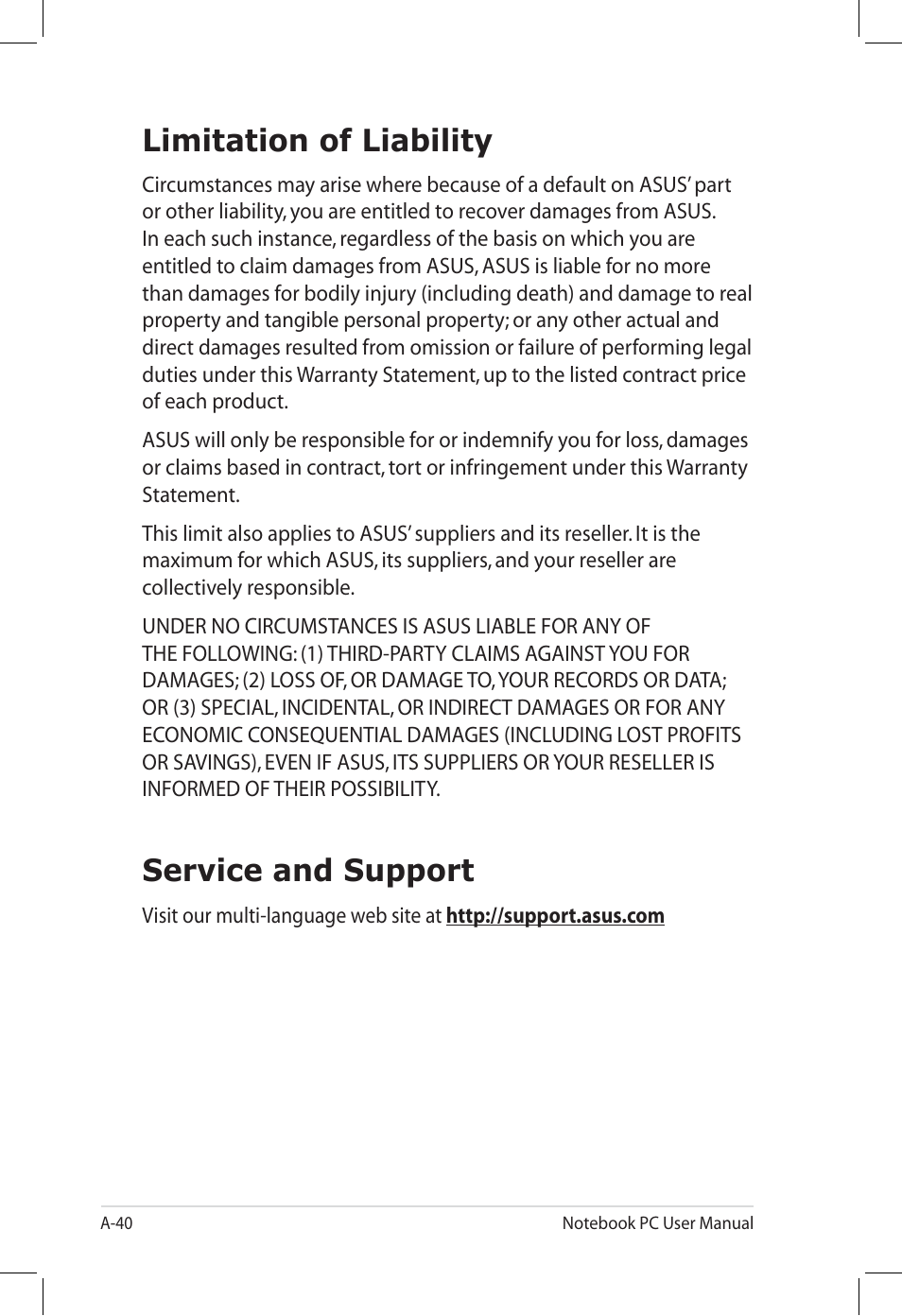 Limitation of liability, Service and support | Asus U58CM User Manual | Page 118 / 119