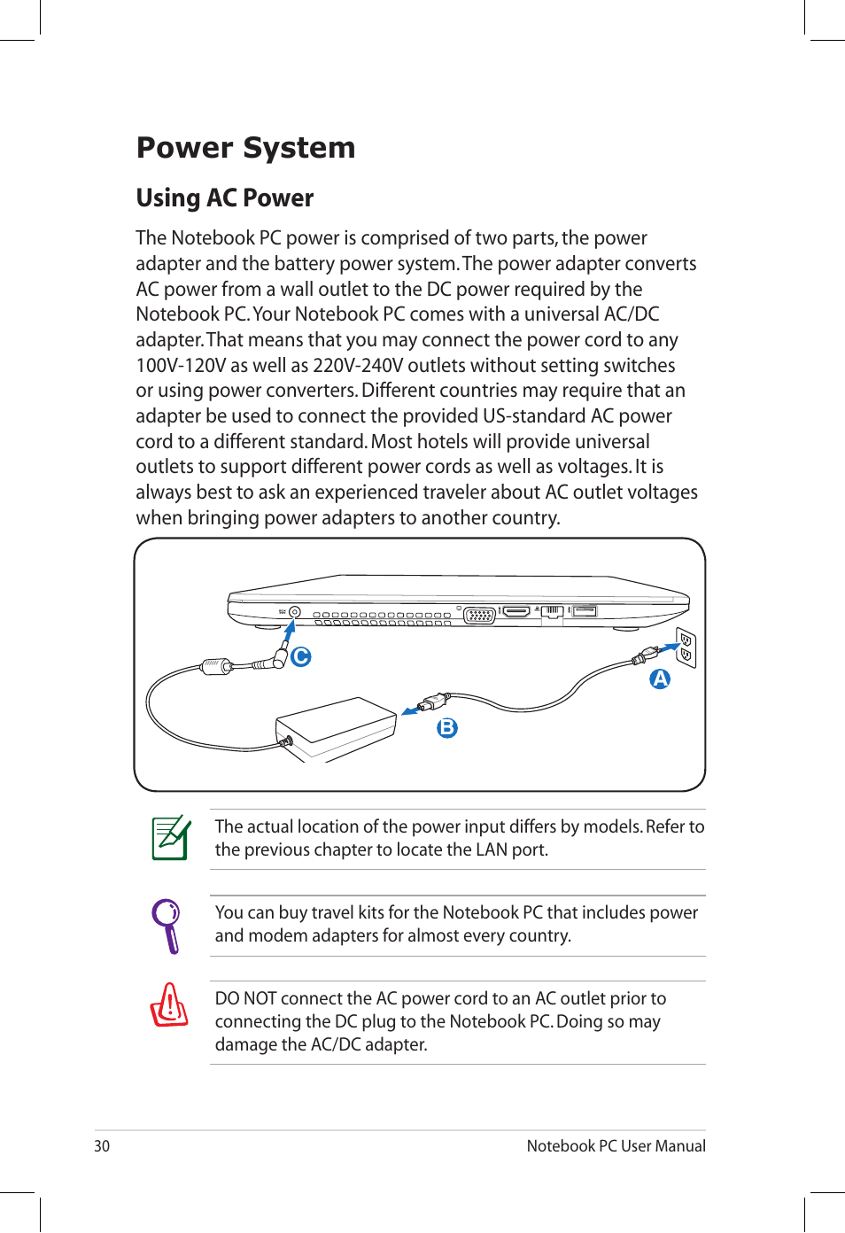 Power system, Using ac power | Asus U58CM User Manual | Page 30 / 119