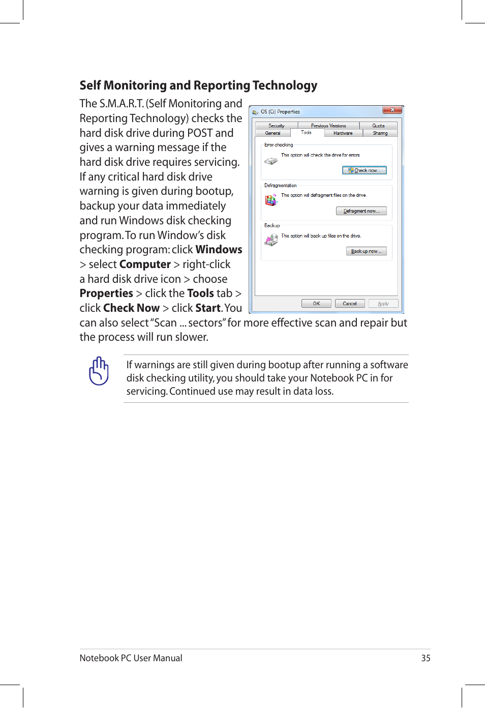 Self monitoring and reporting technology | Asus U58CM User Manual | Page 35 / 119