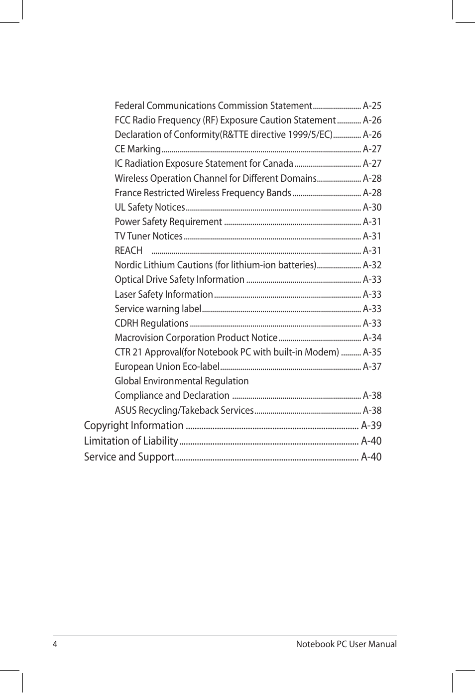 Asus U58CM User Manual | Page 4 / 119