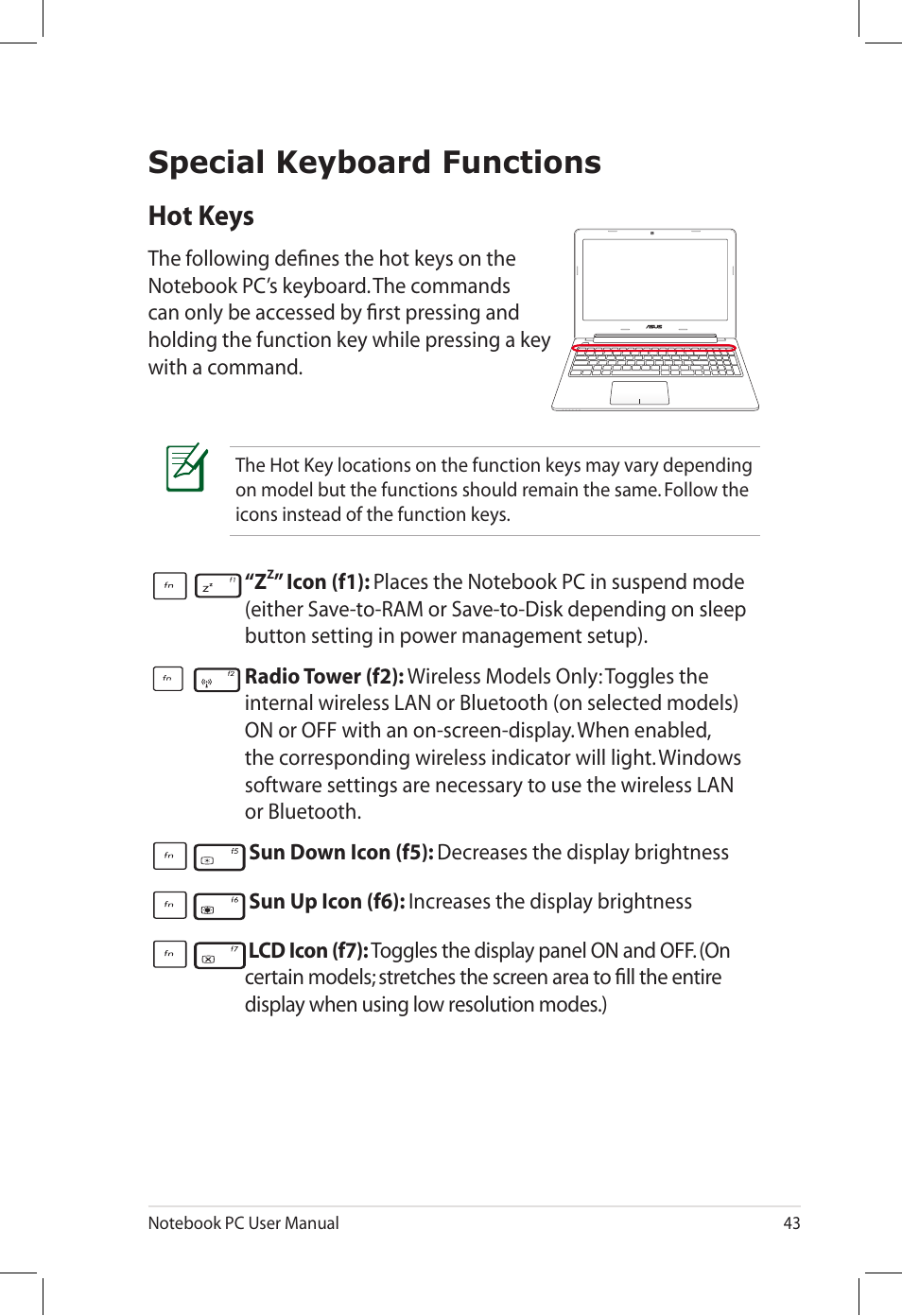 Special keyboard functions, Hot keys | Asus U58CM User Manual | Page 43 / 119