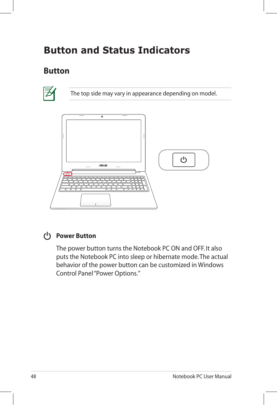 Button and status indicators, Button | Asus U58CM User Manual | Page 48 / 119