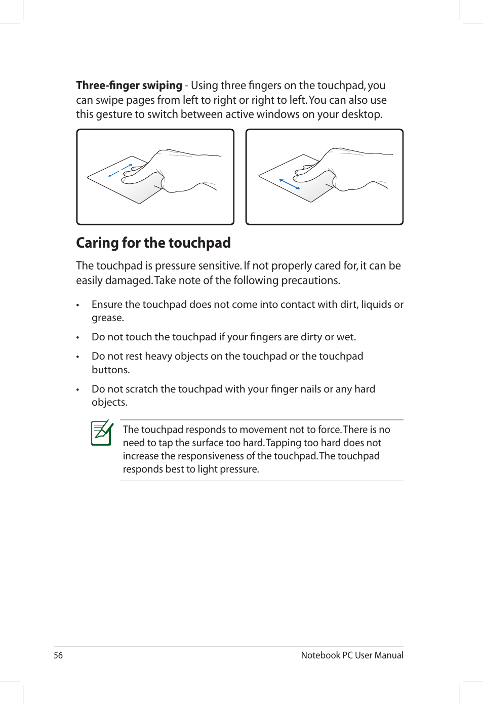 Caring for the touchpad | Asus U58CM User Manual | Page 56 / 119