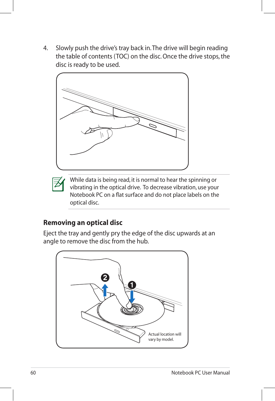 Removing an optical disc | Asus U58CM User Manual | Page 60 / 119