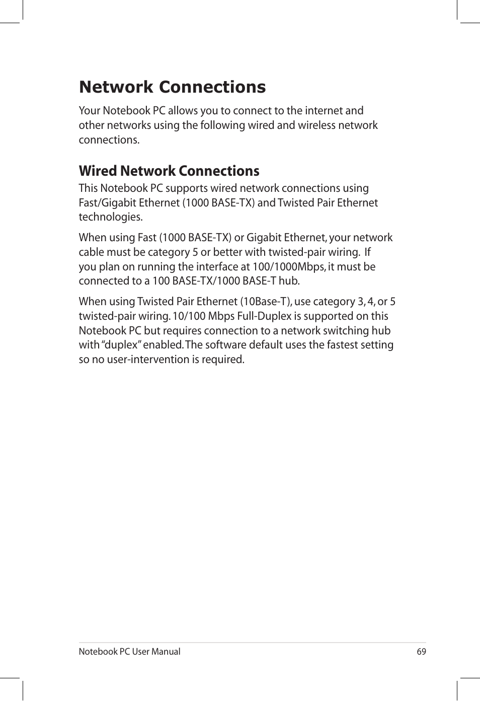 Network connections, Wired network connections | Asus U58CM User Manual | Page 69 / 119