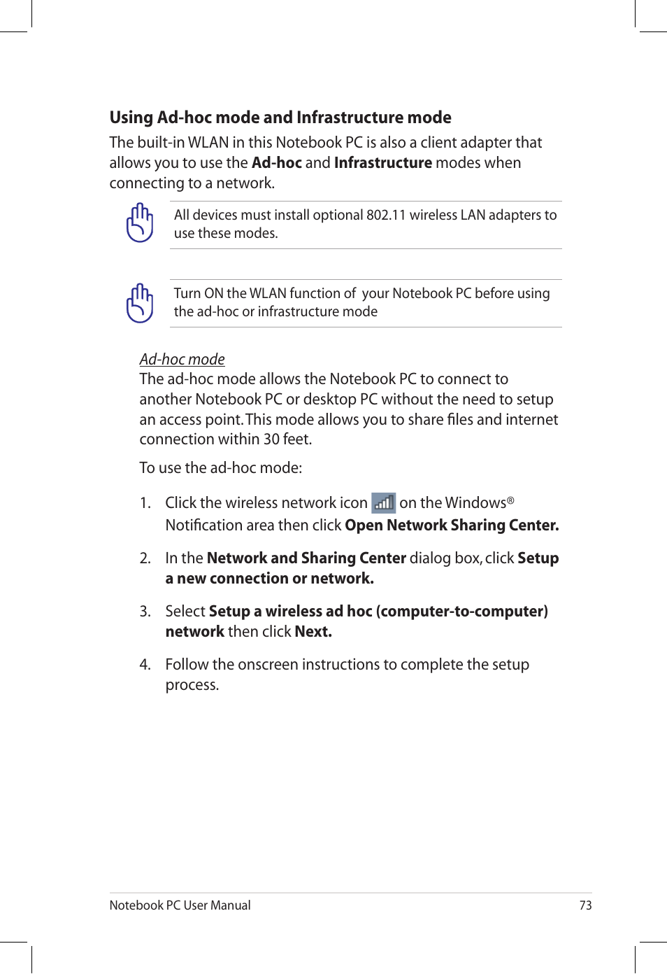 Using ad-hoc mode and infrastructure mode | Asus U58CM User Manual | Page 73 / 119