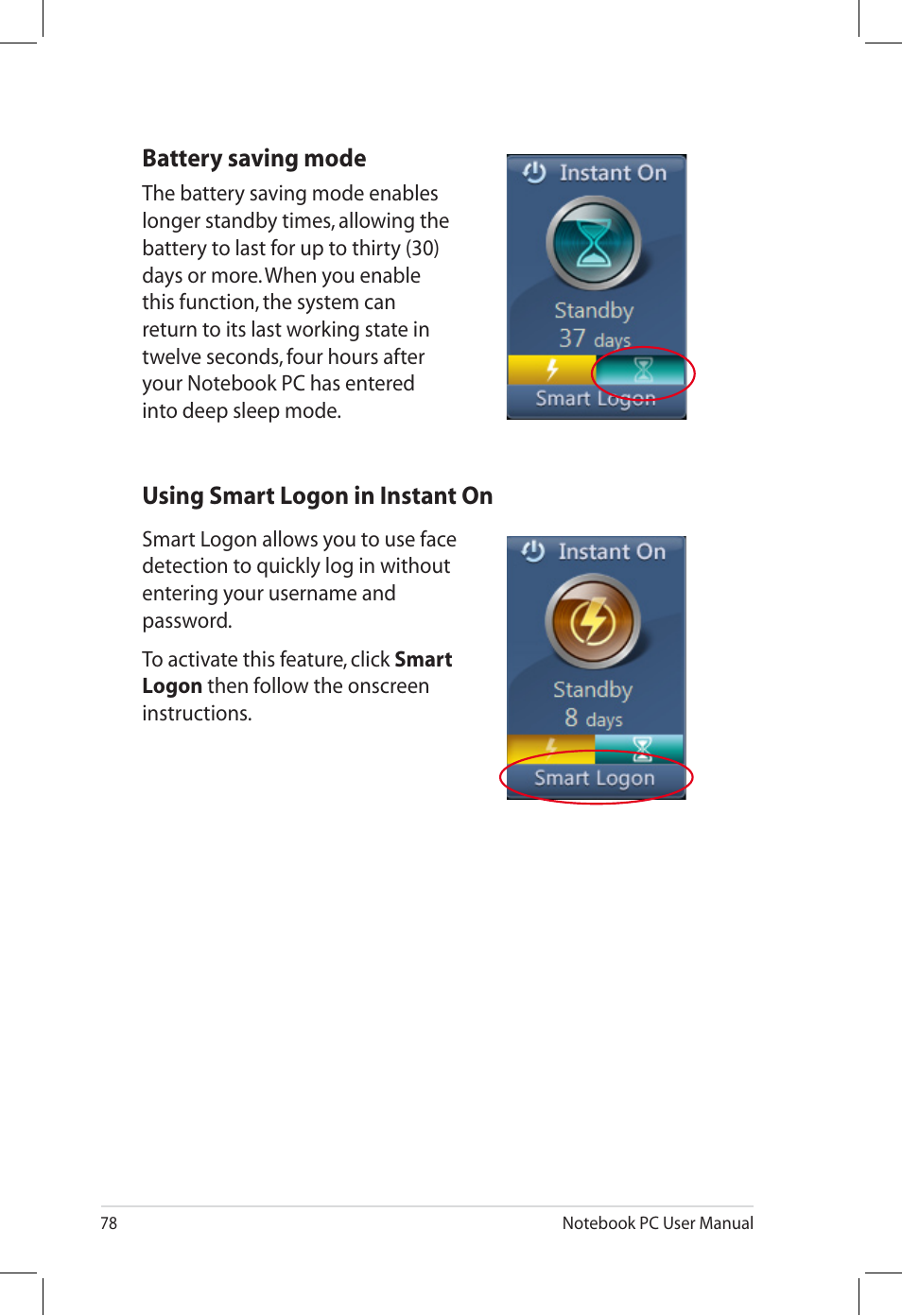 Battery saving mode, Using smart logon in instant on | Asus U58CM User Manual | Page 78 / 119