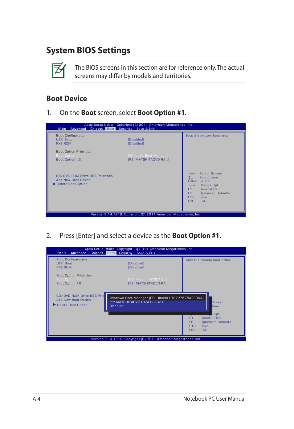 System bios settings, Boot device, On the boot screen, select boot option #1 | Asus U58CM User Manual | Page 82 / 119