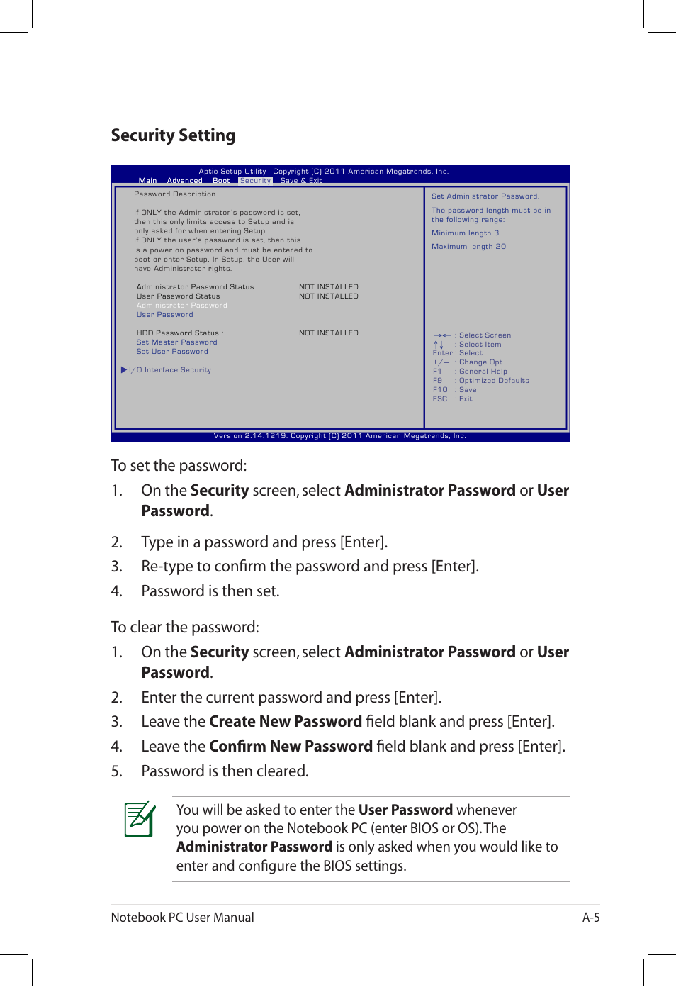 Security setting | Asus U58CM User Manual | Page 83 / 119