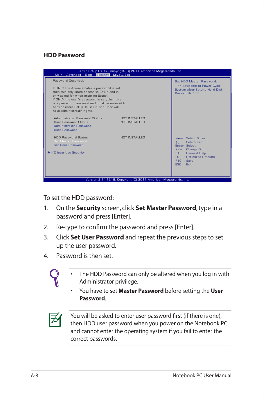 Hdd password | Asus U58CM User Manual | Page 86 / 119