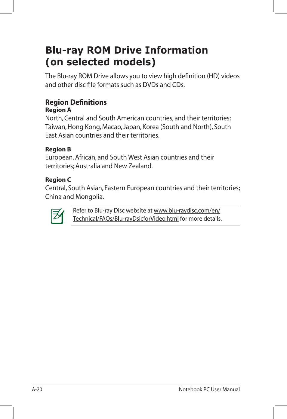 Blu-ray rom drive information (on selected models) | Asus U58CM User Manual | Page 98 / 119