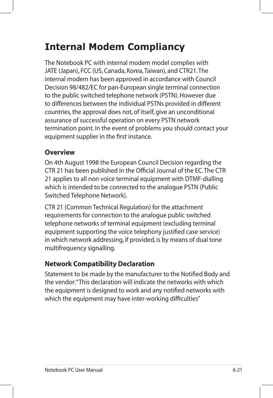 Internal modem compliancy | Asus U58CM User Manual | Page 99 / 119