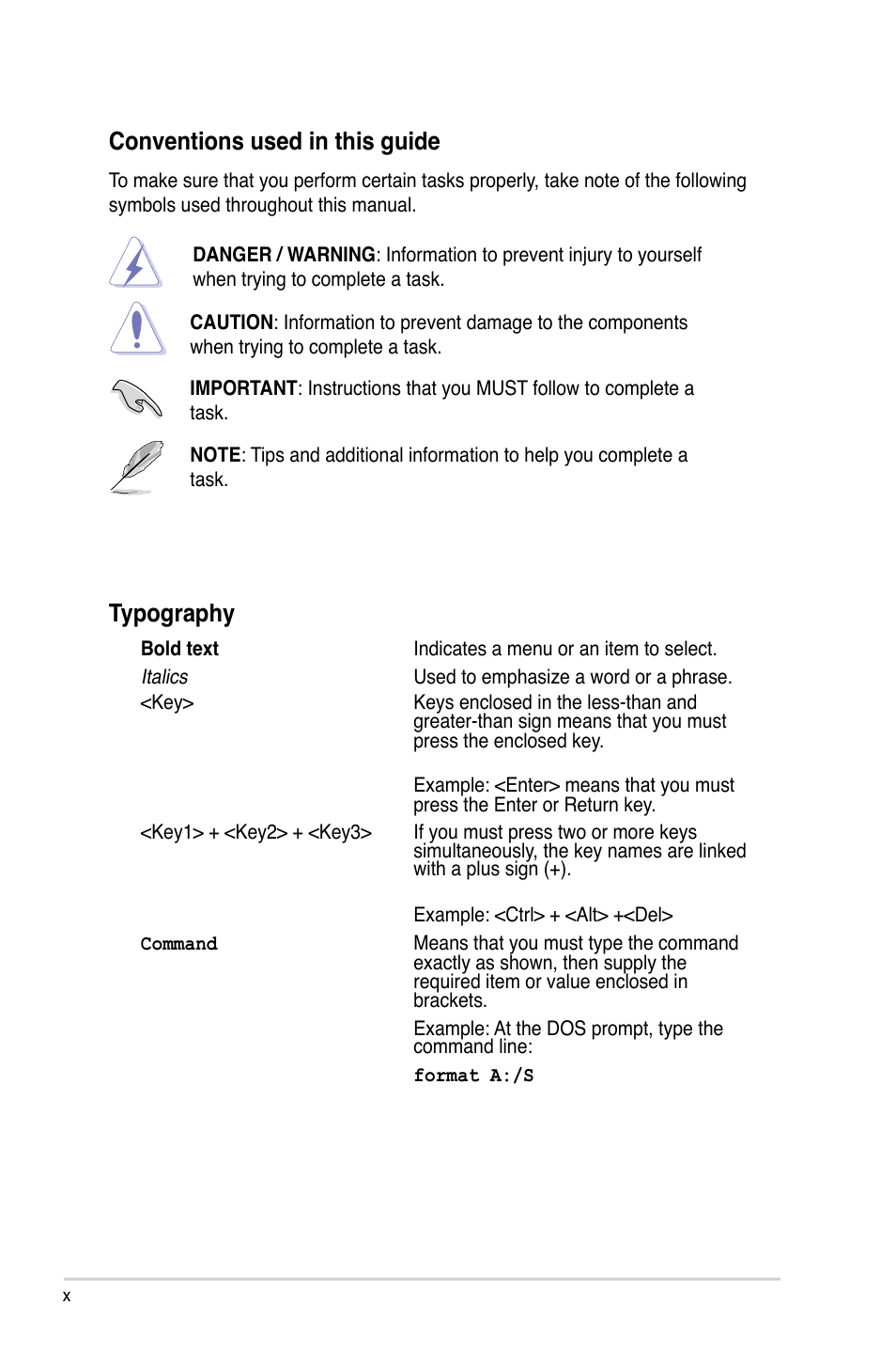 Typography, Conventions used in this guide | Asus P5BV-C User Manual | Page 10 / 161