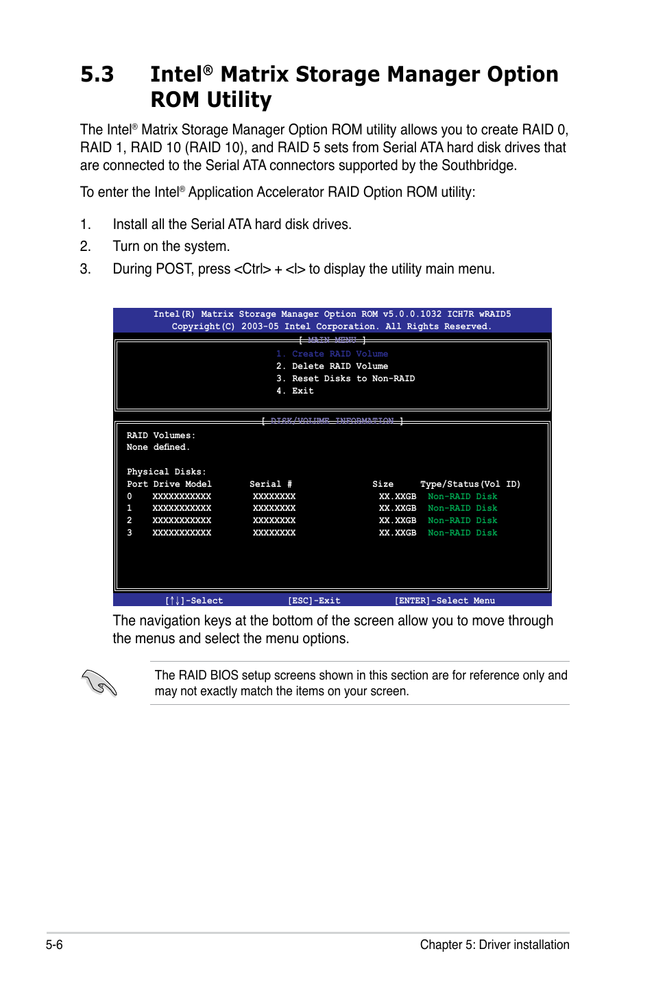 3 intel, Matrix storage manager option rom utility, The intel | Asus P5BV-C User Manual | Page 102 / 161
