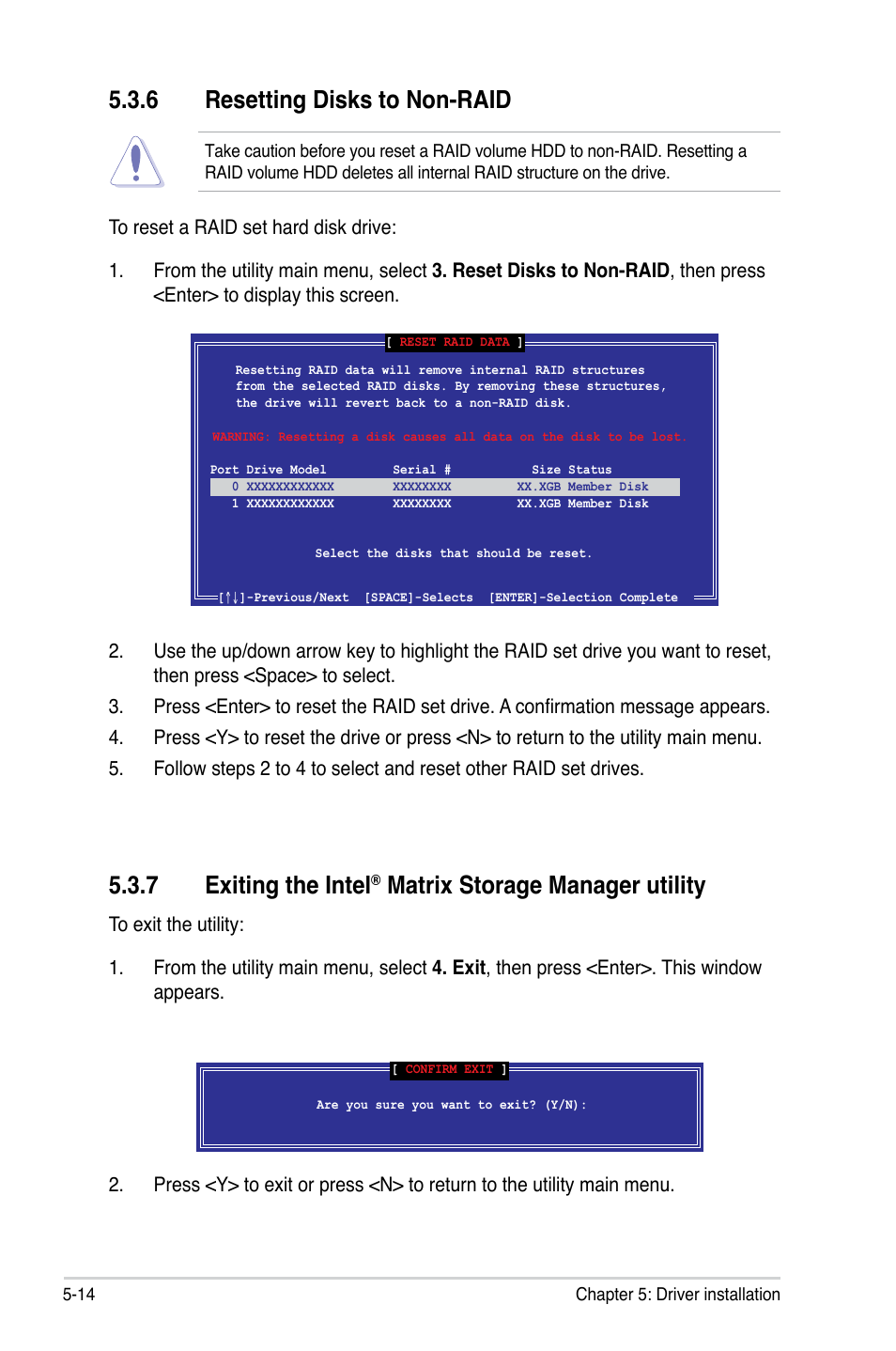 7 exiting the intel, Matrix storage manager utility, 6 resetting disks to non-raid | Asus P5BV-C User Manual | Page 110 / 161