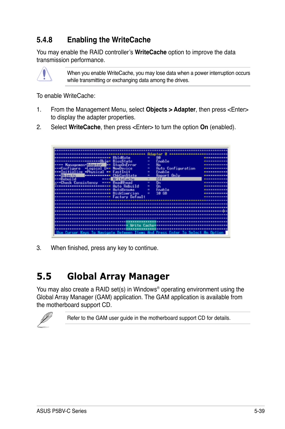 5 global array manager, 8 enabling the writecache | Asus P5BV-C User Manual | Page 135 / 161