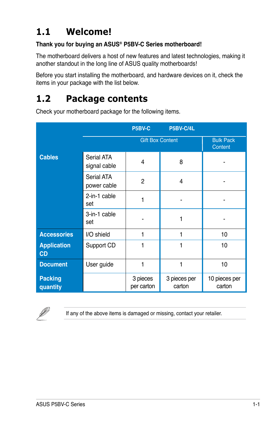 1 welcome, 2 package contents | Asus P5BV-C User Manual | Page 15 / 161
