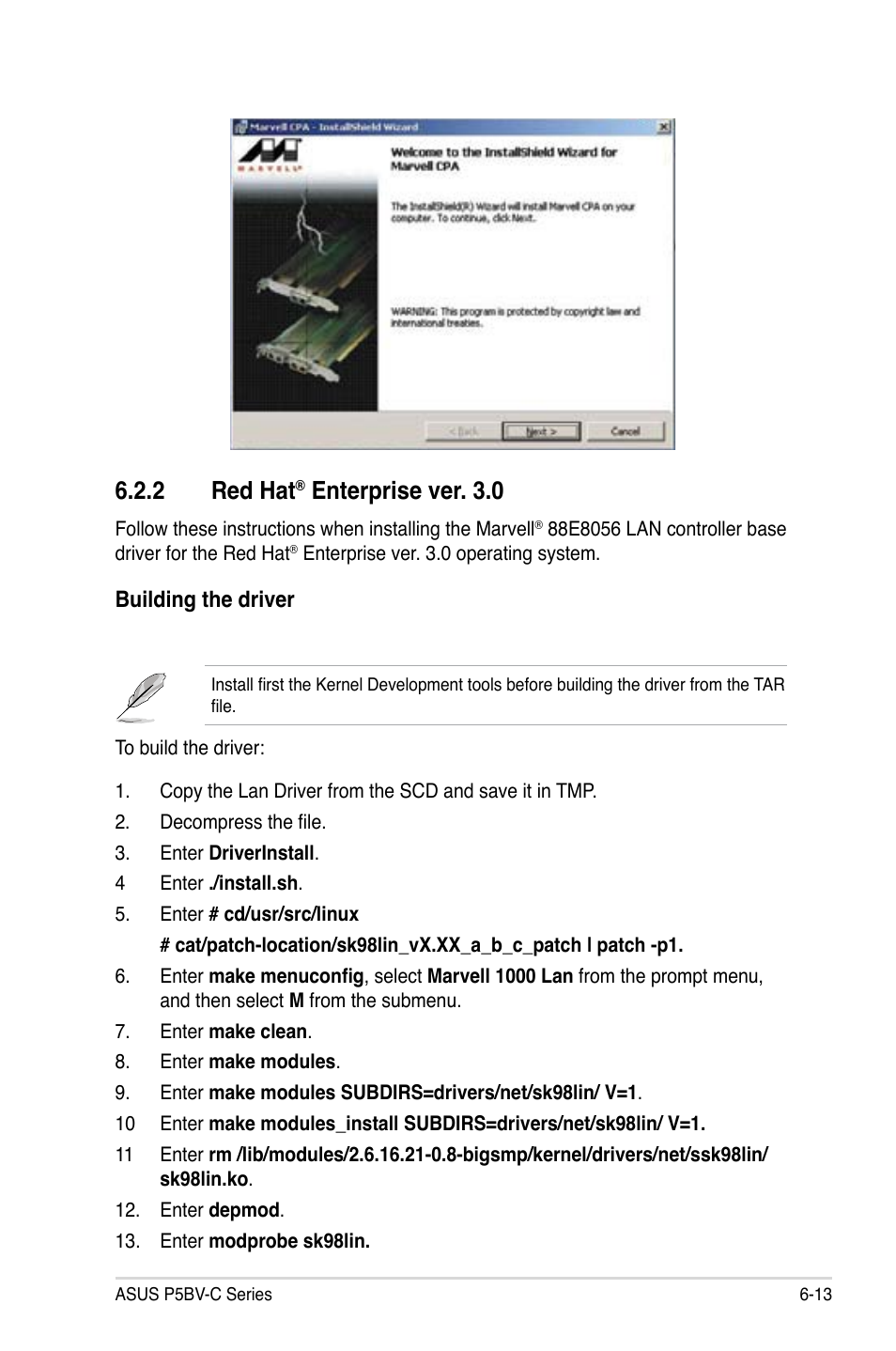 2 red hat, Enterprise ver. 3.0, Building the driver | Asus P5BV-C User Manual | Page 151 / 161