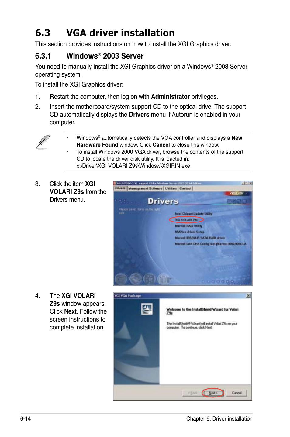 3 vga driver installation, 1 windows, 2003 server | Asus P5BV-C User Manual | Page 152 / 161