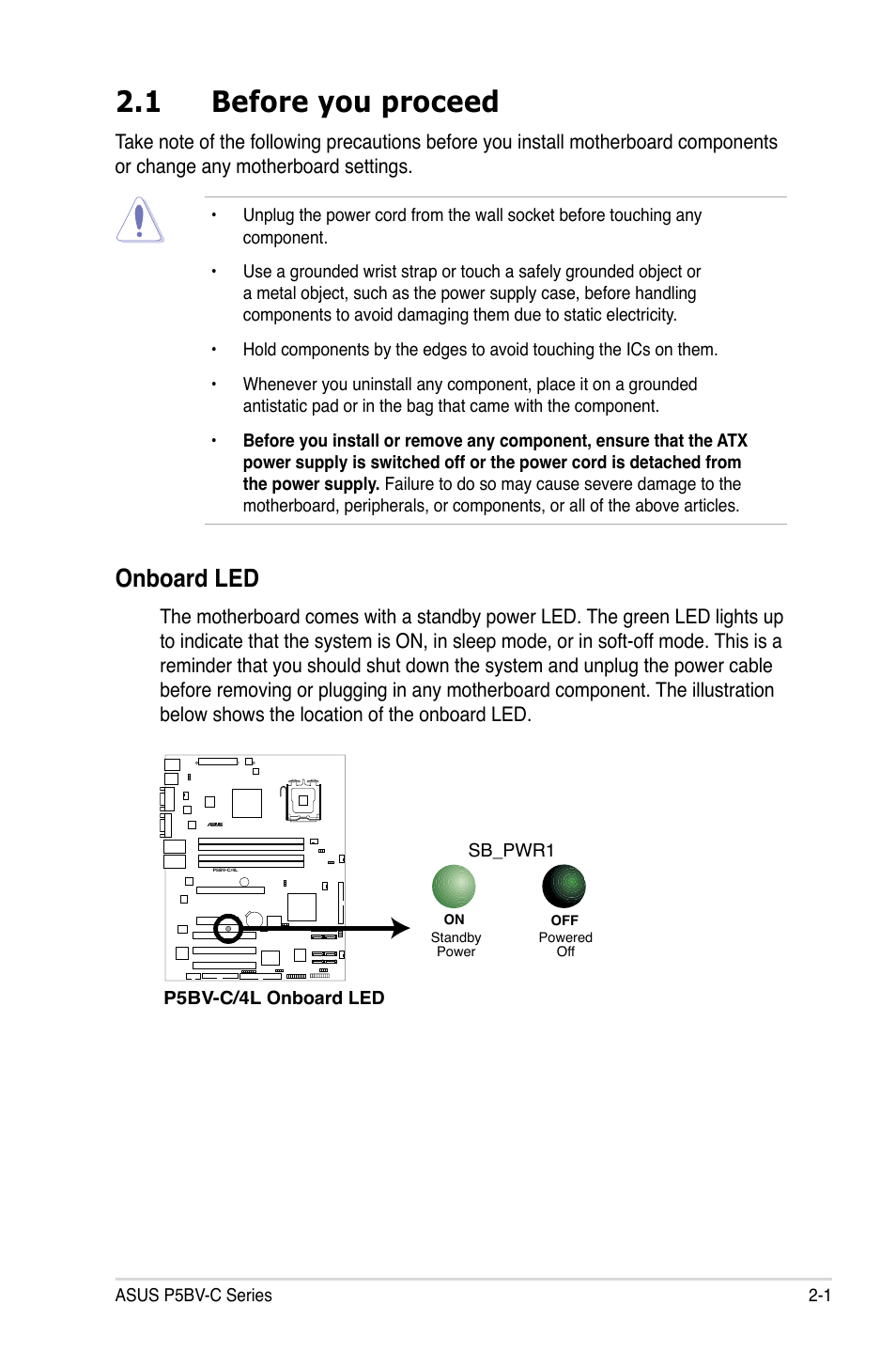 1 before you proceed, Onboard led | Asus P5BV-C User Manual | Page 21 / 161