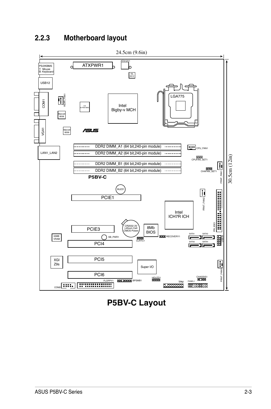 P5bv-c layout, 3 motherboard layout, Asus p5bv-c series 2-3 | Atxpwr1, P5bv-c, Intel bigby-v mch intel ich7r ich | Asus P5BV-C User Manual | Page 23 / 161