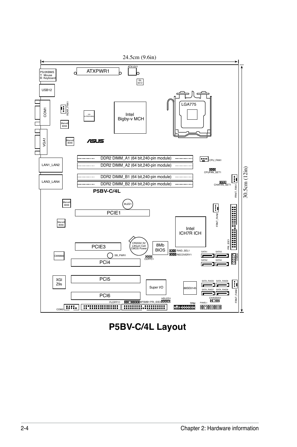 P5bv-c/4l layout, 4 chapter 2: hardware information, Atxpwr1 | P5bv-c/4l, Intel bigby-v mch intel ich7r ich, 8mb bios | Asus P5BV-C User Manual | Page 24 / 161