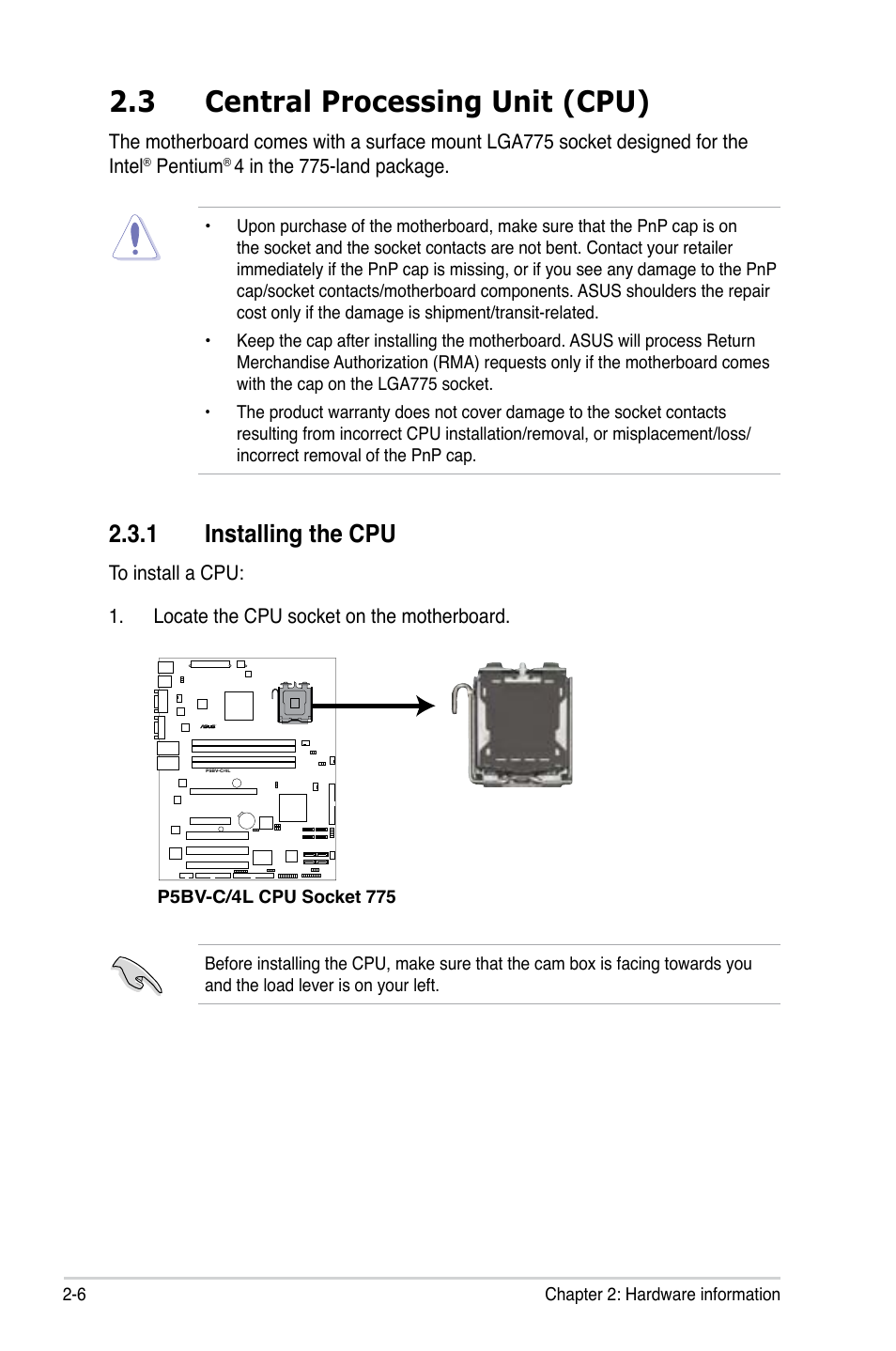 3 central processing unit (cpu), 1 installing the cpu | Asus P5BV-C User Manual | Page 26 / 161