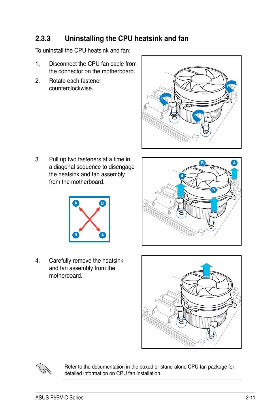 3 uninstalling the cpu heatsink and fan | Asus P5BV-C User Manual | Page 31 / 161