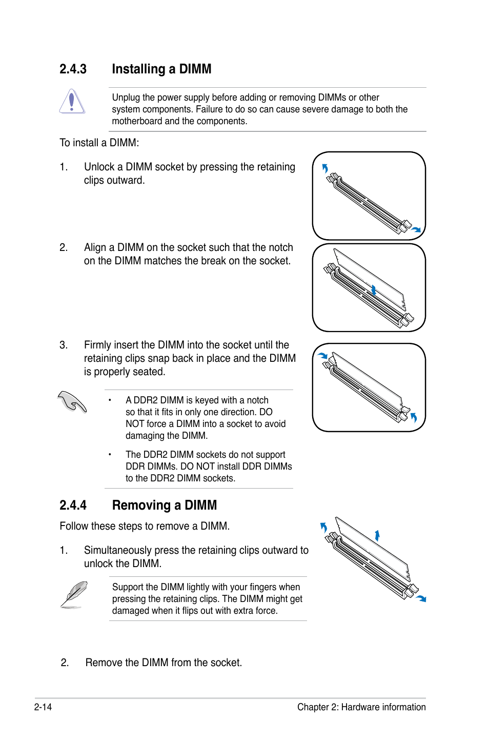 3 installing a dimm, 4 removing a dimm | Asus P5BV-C User Manual | Page 34 / 161