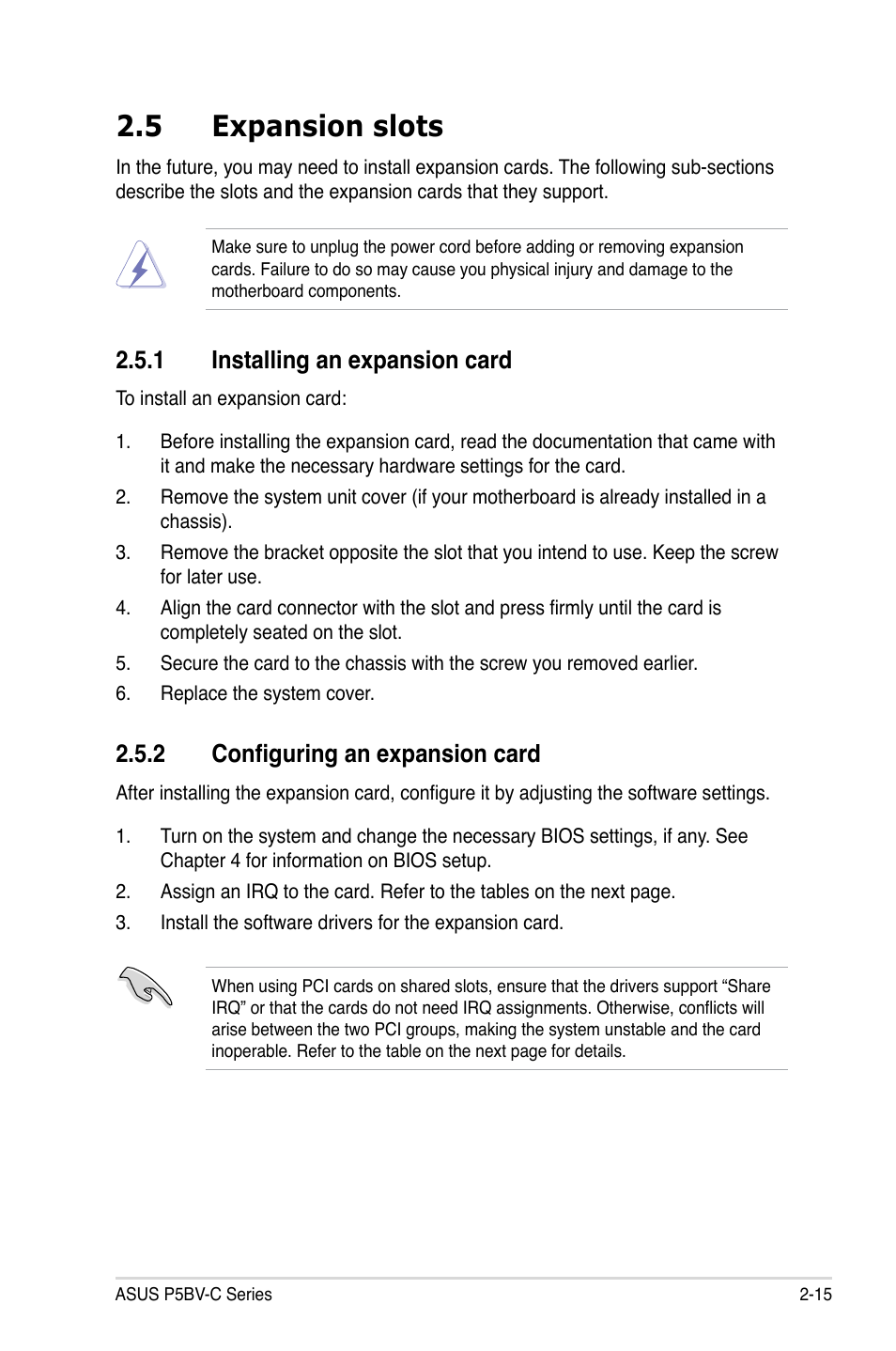 5 expansion slots, 1 installing an expansion card, 2 configuring an expansion card | Asus P5BV-C User Manual | Page 35 / 161