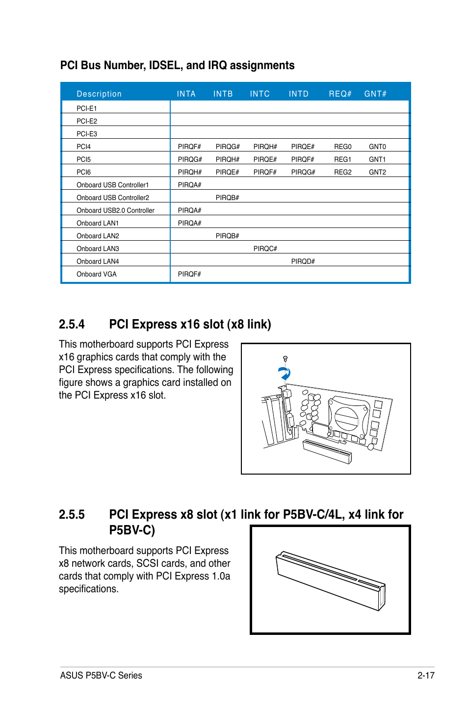 4 pci express x16 slot (x8 link), Pci bus number, idsel, and irq assignments | Asus P5BV-C User Manual | Page 37 / 161