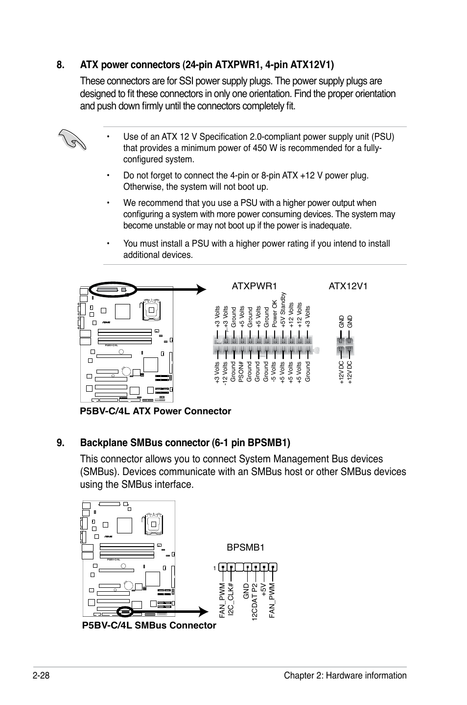 28 chapter 2: hardware information, P5bv-c/4l atx power connector, Atxpwr1 atx12v1 | P5bv-c/4l smbus connector bpsmb1 | Asus P5BV-C User Manual | Page 48 / 161