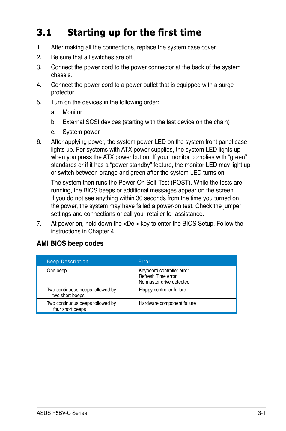 1 starting up for the first time, Ami bios beep codes | Asus P5BV-C User Manual | Page 55 / 161